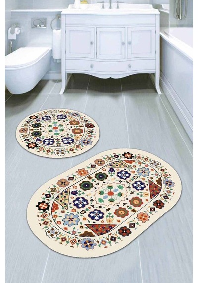 Krem Etnik Desen Banyo Halısı Klozet Oval Paspas Seti Bs082n11