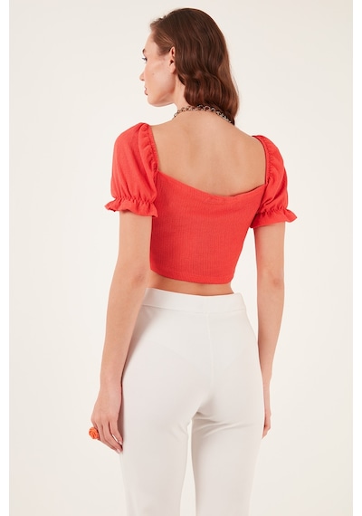 Lela Slim Fit Büzgü Detaylı Kalp Yaka Crop Bayan Bluz 5865601 Nar Çiçeği