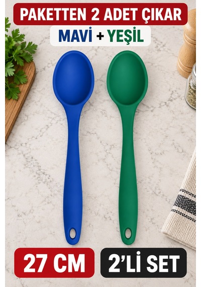 2'li Set Mavi Yeşil Büyük Boy Silikon Kaşık 27 Cm Mutfak Yemek Pişirme Ve Servis Kaşığı 2 Renkli Set