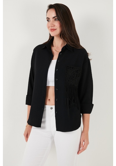 Lela Regular Fit Güpürlü Cep Detaylı Uzun Kollu Bayan Gömlek 6773215 Siyah