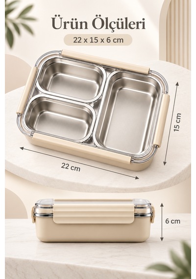4berry Home 740 Ml 3 Bölmeli 304 Paslanmaz Çelik Termos Yemek Kabı Sızdırmaz Kapaklı, Isı Korumalı Beslenme Kutusu Krem-bej