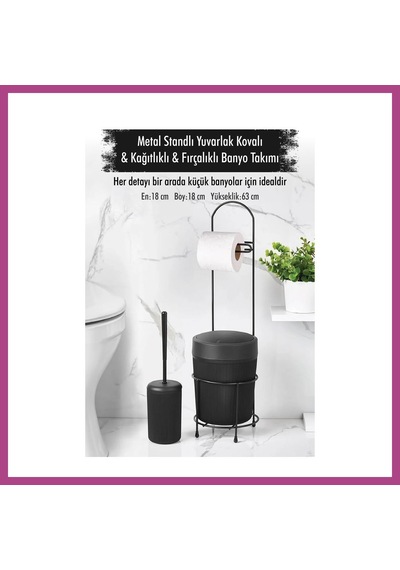 Gees Global Metal Standlı Yuvarlak Kovalı & Kağıtlıklı & Fırçalıklı Siyah Banyo Takımı Gbzs