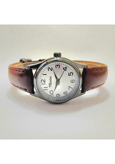 Retro Kadın Kol Saati, Vintage Tasarım, Klasik Tasarım, Siyah Kasa, Minimal Tasarım, Kayışlı Koyu Kahverengi Altın