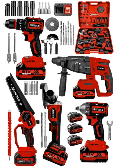 Steiner 21v Darbeli Kömürsüz 5'li Set Kırıcı Delici Hilti - Somun Sıkma Sökme - Testere - Matkap - Vidalama Kırmızı