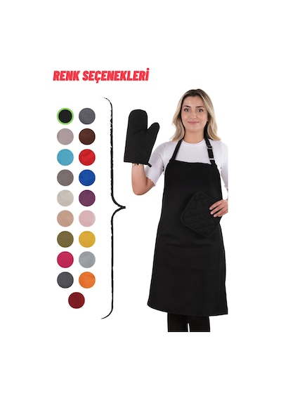 Simple 3lü Set Ayar Askılı Cepli Mutfak Önlüğü Seti 2 Eldiven Şef Garson Kafe Aşçı Barista Siyah