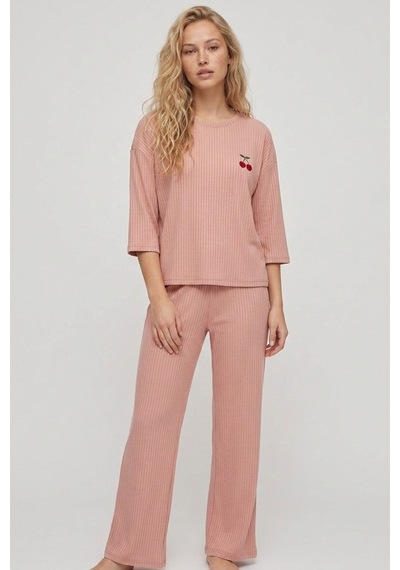 Siyah İnci Soft Touch Ince Örme Nakışlı Pijama Takım Koyu Somon