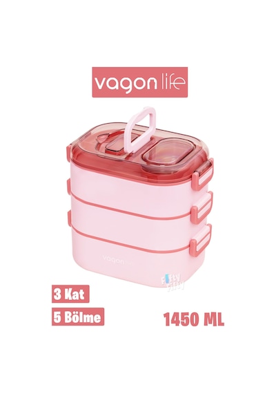 Vagonlife 1450 Ml 3 Kat Çelik 2 Kat Kullanılabilir Bento Lunch Box fflbox7083