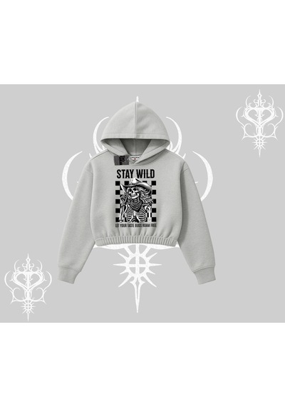 Startmore Kapşonlu Crop Sweatshirt Stay Wild Rock Spirit Urban Riot Gri