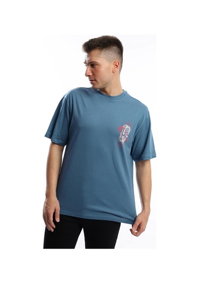 Erkek Oversize Fit Ön Arka Baskılı Basic Tişört İndigo