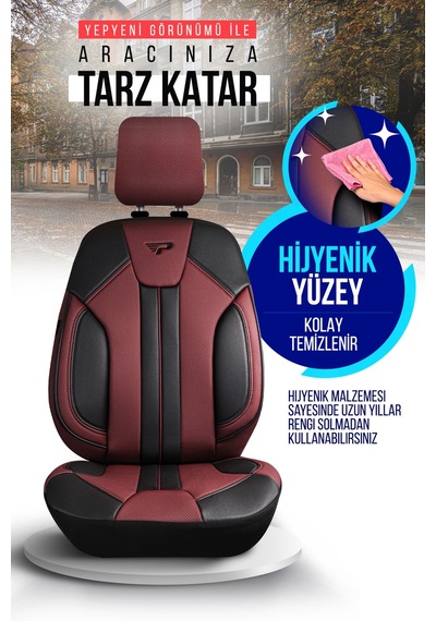 Bordo - Siyah Panda Carlone Serisi Ful Deri Oto Koltuk Kılıfı - Tam Set