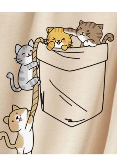 Kadın Kedi Cep Baskılı Regular T-shirt 001
