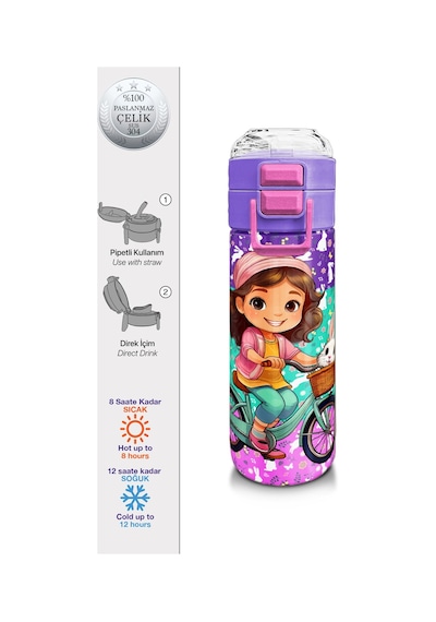 Coral High Kids Mor Pembe Bisikletli Kız Desenli Pipetli Ve Direkt İçim Çelik Termos 500 Ml 31797 Mor