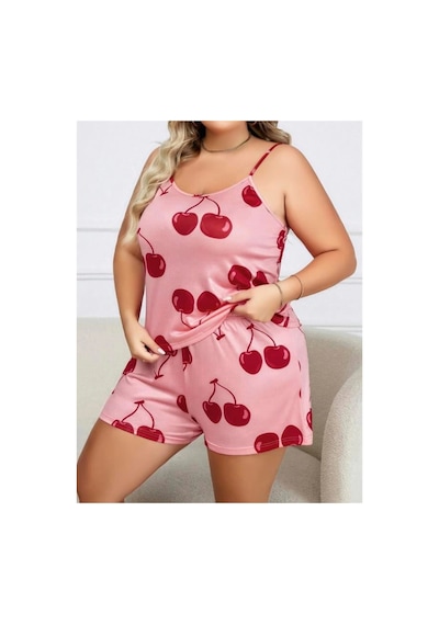 Kapsulavm Büyük Beden Pembe Kiraz Desen İnce Askılı Pamuklu Şortlu Pijama Takımı Pembe
