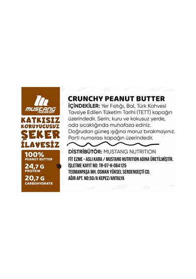 Mustang Nutrition Ballı Türk Kahveli Crunchy Fıstık Ezmesi 350 Gr 24,72 Gr Protein + 40 Gr Fıstık Ezmesi Hediyeli