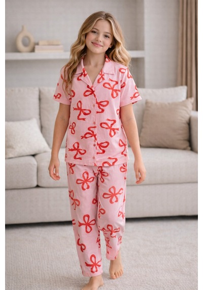 Beka Kids Kız Çocuk Önden Düğmeli Devrik Yaka Kısa Kol Uzun Pantolon Desenli Pijama Takımı Pembe