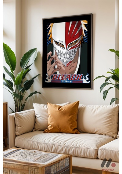 Bleach Ichigo Maske Anime Poster, Siyah Çerçeveli Duvar Tablosu - Anime Severlere Özel Hediye
