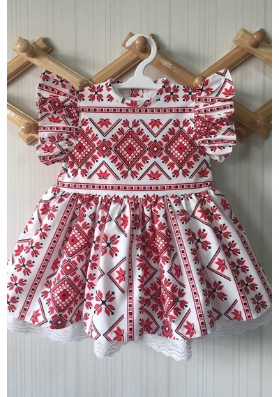Fırfır Detaylı Etnik Desenli Poplin Kırmızı Beyaz Kız Çocuk Bebek Elbise 001