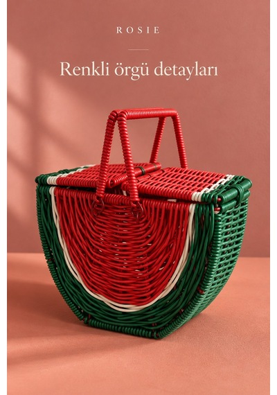 Rosıe Karpuz Desenli Kulplu Dekoratif Sepet Karışık