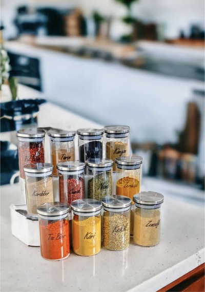 12 Li Etiketli 250ml Metal Vakumlu Kapaklı Borosilikat Cam Baharatlık Saklama Kabı Set Diğer