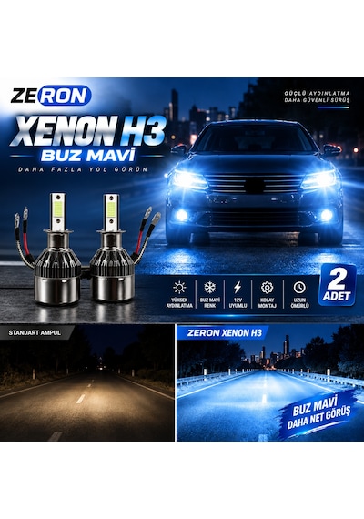Xenon H3 Buz Mavi Led Far Ampulü 12v 2 Adet Yüksek Aydınlatma Kolay Montaj