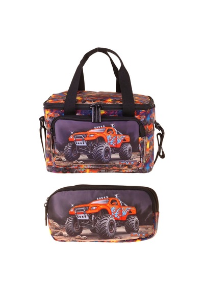 Kaukko Kids Erkek Çocuk Arazi Aracı Baskılı Siyah - Kırmızı Thermo Beslenme Çantası Ve Kalemlik Seti - Setkk-l5360