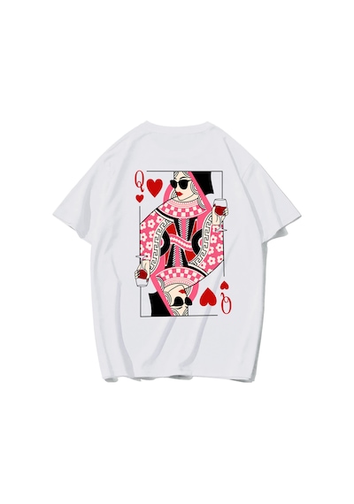 Brz Collectıon Brz Collection Unisex Oversize Queen Of Hearts Iskambil Kızı Q T-shirt Beyaz