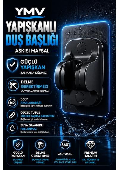 Ymv Yapışkanlı Duş Başlığı Askısı Mafsallı Ayarlanabilir Duş Tutacağı Delme Gerektirmeyen Güçlü Duvar Aparatı Siyah