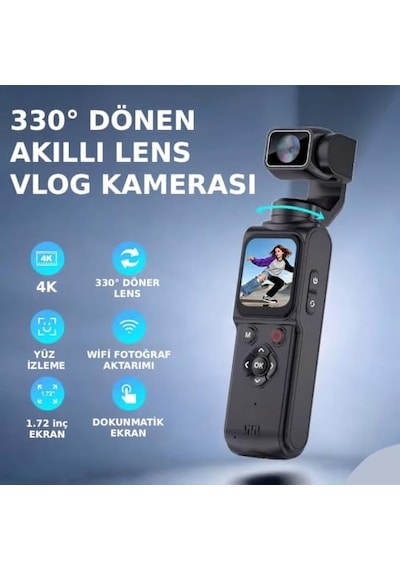 4k Hd El Tipi Akıllı Aksiyon Kamerası Profesyonel Vlog Kamera, 330 Dönebilir, 2400 Mah , 75mp