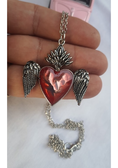 Kırmızı Mineli Feathers Heart Kolye Kahverengi - Taba