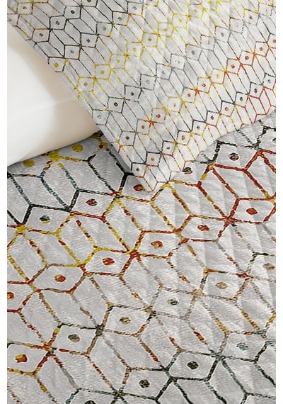Geometrik Gri Genç Odası Tek Kişilik Dekoratif Pike Takımı - Bohem Sarı 160x220 Cm Yatak Örtüsü Mahmur Adaçayı Perdesi