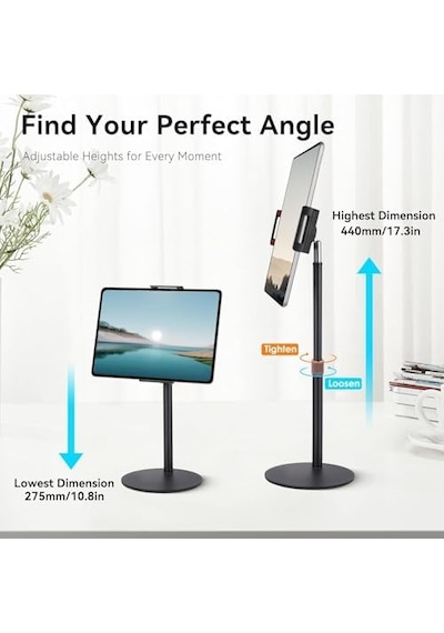 Tablet Ve İpad İle Uyumlu Stant 360 Döner, 90 Eğilebilir, 44cm Yükseklik Ayarlı, Alüminyum Alaşım, 12 İnç&apos E Kadar Tablet Uyumlu, Eller Serbest Okuma Çalışma Tutucu J2 12 İnç&apos E Kadar