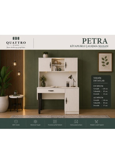 Petra Kitaplıklı Çalışma Masası 3 İnç Düz Beyaz