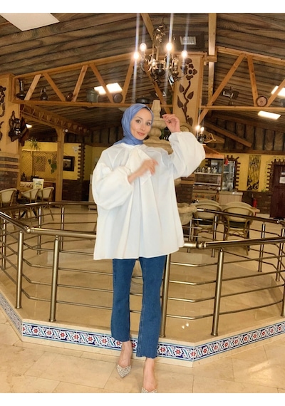 Hasenna G0019 Balon Kol Yakası Baglamalı Bluz Ekru