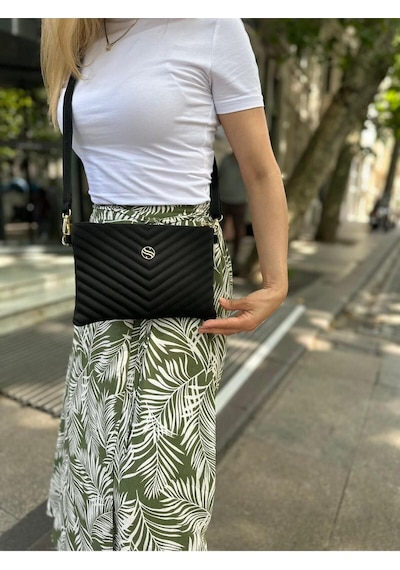 Sanmorris Kadın Siyah Renkli Saten Kumaş Ayarlanabilir Çapraz Ve El Askılı Portföy, Clutch Çanta Siyah