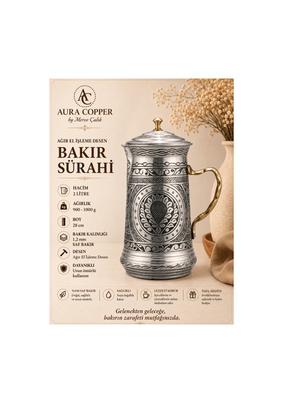Ağır El İşlemeli Bakır Sürahi 2 L Kapaklı Gümüş Renk 1,2 Mm 28 Cm Gaziantep Usta El İşçiliği - Bakır Bileklik Hediyedir