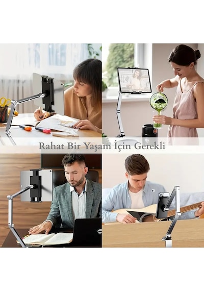 Alüminyum Akrobat Tablet & Telefon Tutucu Stand 360 Oynar Başlıklı Ayarlanabilir Uzun Kol