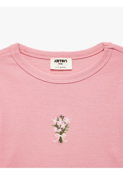 Koton Çiçek Nakışlı Slim Fit Pamuklu Bisiklet Yaka Uzun Kollu Tişört Pembe 7wkg10519ak Gül
