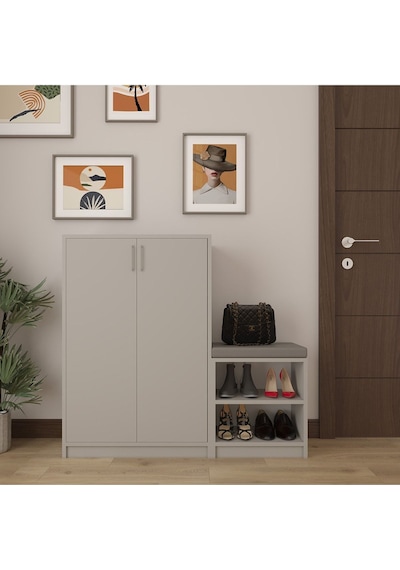 Asra Trend Puflu Ayakkabılık A-23 %100 MDF Minderli Geniş Portmanto Kül Gri