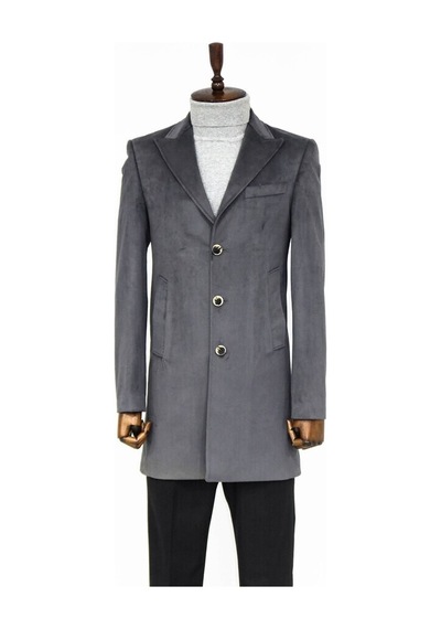 Wessi Süet Slim Fit Uzun Gri Erkek Kaban 001