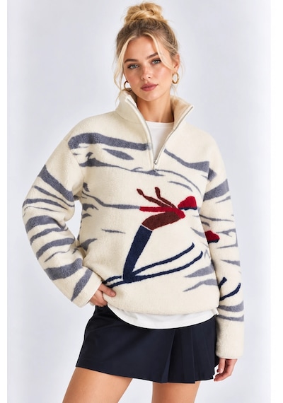 Mevese Cepli Ve Yarım Fermuarlı Dik Yaka Desenli Kadın Oversize Polar Sweat - Beyaz-gri Mevese Cepli Ve Yarım Fermuarlı Dik Yaka Desenli Kadın Oversize Polar Sweat - Beyaz-gri