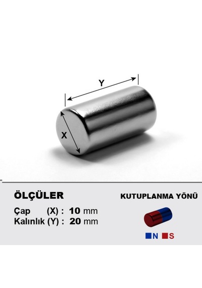 1 Adet Neodyum Mıknatıs Çap: 10mm Kalınlık: 20mm D10x20 Ndfeb Güçlü Mıknatıs Yuvarlak N064