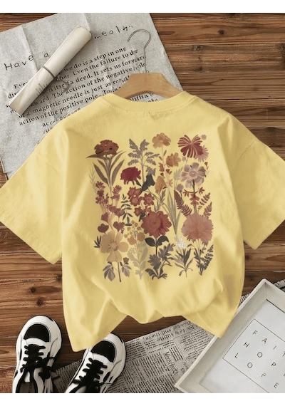 Retro Botanik Sırt Baskılı Çiçek Desenli Premium Kadın Oversize T-shirt Sari