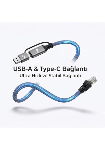 C6ac15 2in1 Usb-a & Type-c To Rj45 1000mbps Gigabit Ethernet Dönüştürücü Cat6 Kablo 1.5 Metre Thunderbolt 3/4/5, Mac/windows/ipad/android Uyumlu