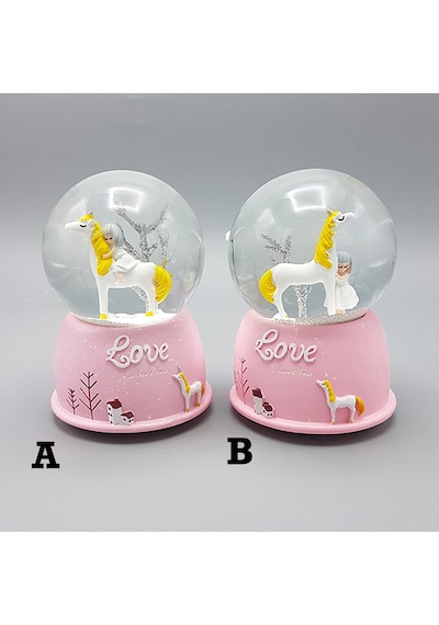 Mini Pembe Kar Küresi - Sevimli Unicorn Ve Kız Tasarımlı - Işıklı