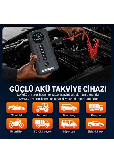 4-in-1 16000mah Akü Takviye Cihazı 150 Psı Kompresör Powerbank Lcd Ekran Led Fener Eva Çanta 2000a Tepe Akım