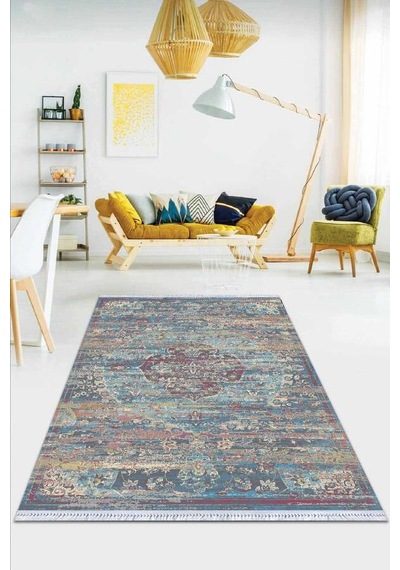 Mavi Vintage Dokuma Pamuk Tabanlı Kaymaz Kilim Klm269n11
