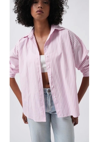 Defymoda Çizgili Detay Oversize Gömlek Pembe