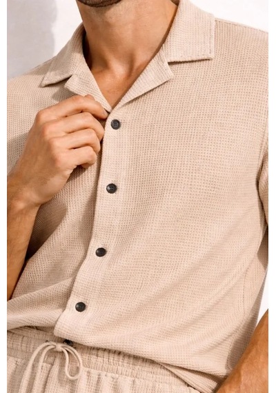 Valensdesign Erkek Waffle Kumaş Kısa Kollu Gömlek Şort Takım Regular Fit Yazlık İkili Set - Bej