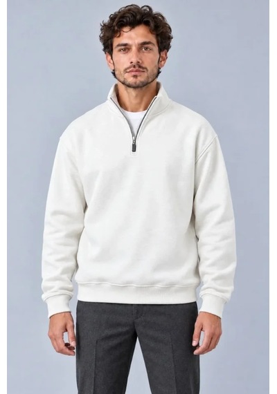 Butik İstanbul Erkek Üç İplik İçi Şardonlu Dik Yaka Yarım Fermuarlı Kışlık Sweatshirt - Beyaz