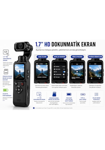 4k Vlog Kamerası 64mp 2 Eksen Mekanik Gimbal 330 Akıllı Yüz Takibi 1.7'' Hd Dokunmatik Ekran Wifi Webcam Type-c
